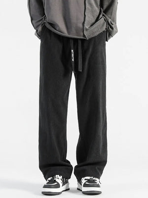 Black corduroy wide-leg sweatpants with drawstring waist and vertical ribbing.