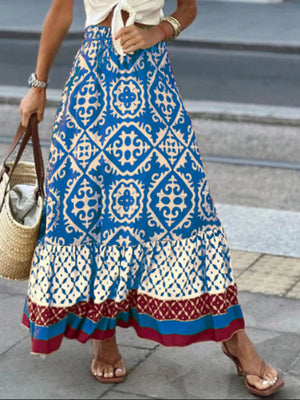 Blue tiered maxi skirt with medallion print and ruffled hem