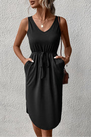Black sleeveless V-neck dress with drawstring waist and asymmetric hem