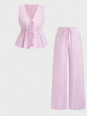 Striped Tie-front Sleeveless Top And Pants Set, product detail