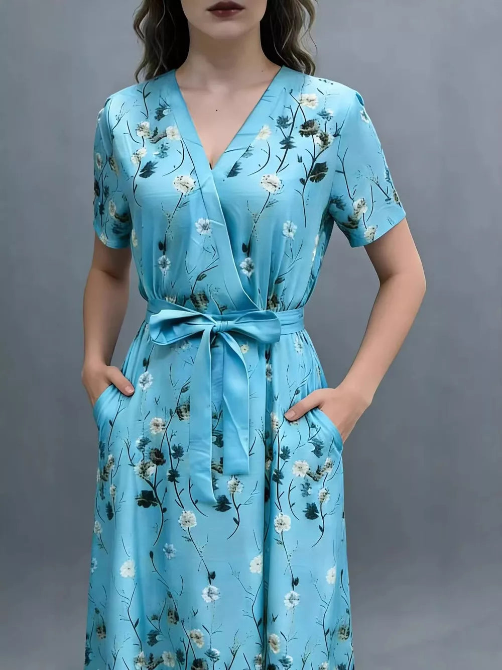 V-neck floral wrap maxi dress in blue with short sleeves and a belted waist.