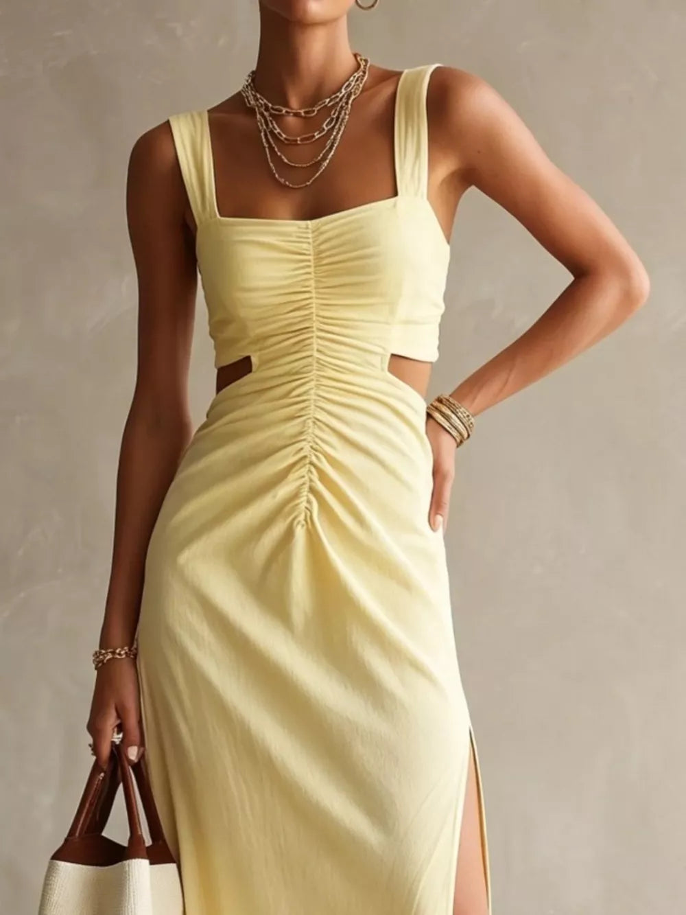 Ruched Cut-out Midi Dress in Khaki, model styling view