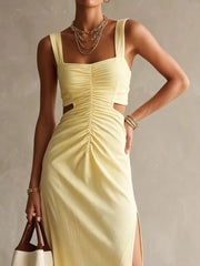 Ruched Cut-out Midi Dress in Khaki, model styling view