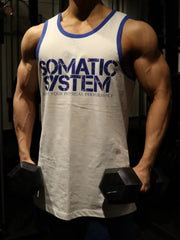 White Somatic System graphic tank top with blue trim and neckline.