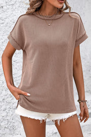 Camel vertical ribbed tunic tee with split hem and short sleeves