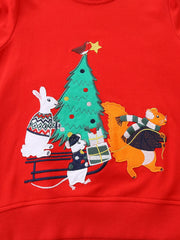 Red crewneck sweatshirt with embroidered holiday scene of animals and a Christmas tree.