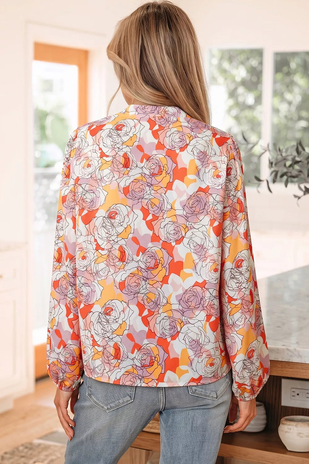 Floral Print V Neck Long Sleeve Blouse, close-up detail