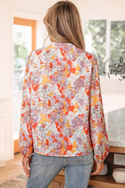Floral Print V Neck Long Sleeve Blouse, close-up detail