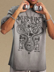 Gray Serpentia graphic tee with oversized fit and snake design.