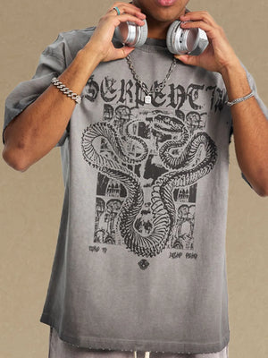 Gray Serpentia graphic tee with oversized fit and snake design.