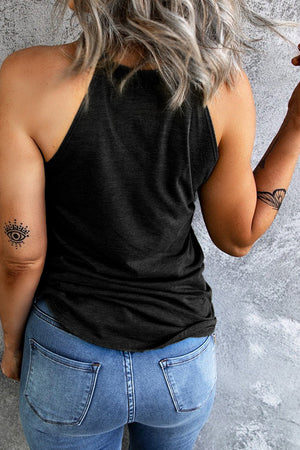 Black halter tank top with a relaxed fit, paired with blue jeans.