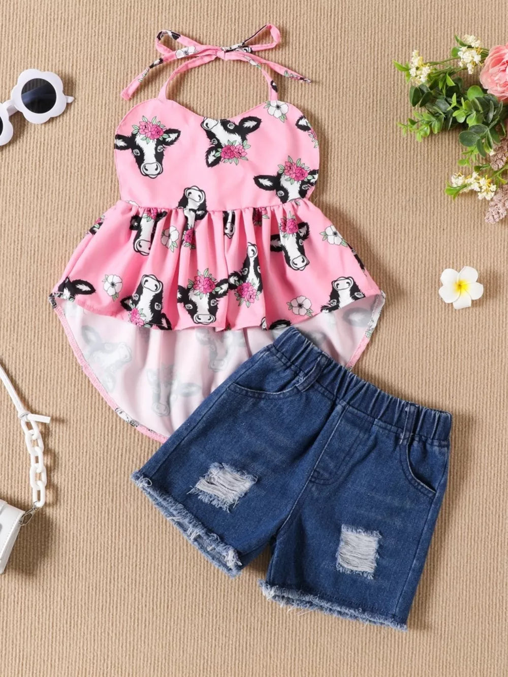 Children's Halter Neck Cami And Denim Shorts Set in Pink, fit detail