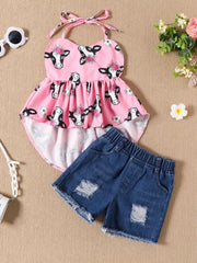 Children's Halter Neck Cami And Denim Shorts Set in Pink, fit detail