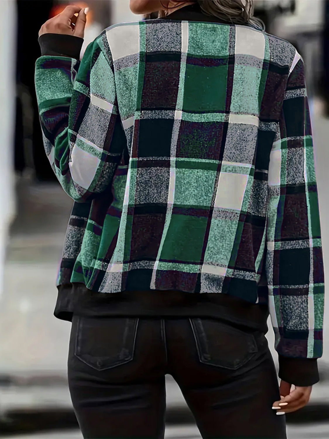 Plaid bomber jacket in dark green with ribbed cuffs and hem.