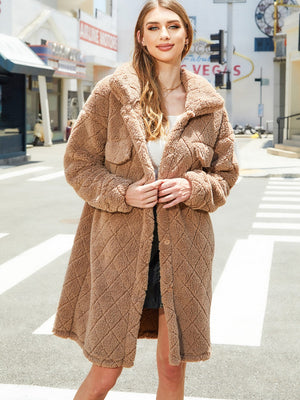 Camel quilted teddy bear coat with patch pockets and button closure