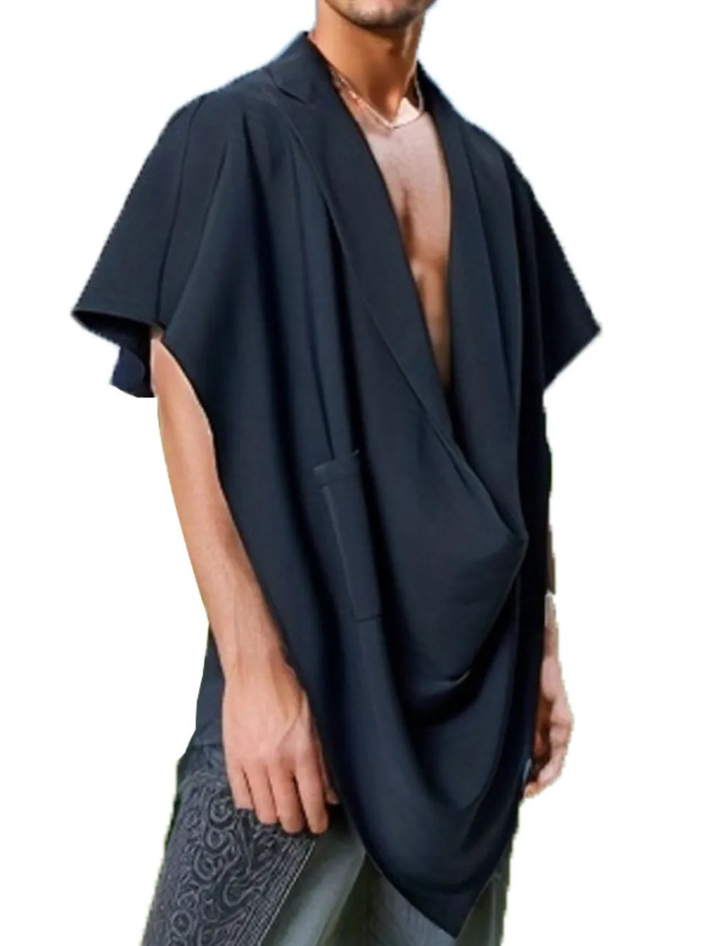 Navy draped blazer cape with sculptural asymmetrical cut and short sleeves.
