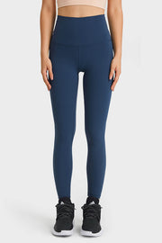 Navy high rise leggings with a seamless waistband and full length fit.