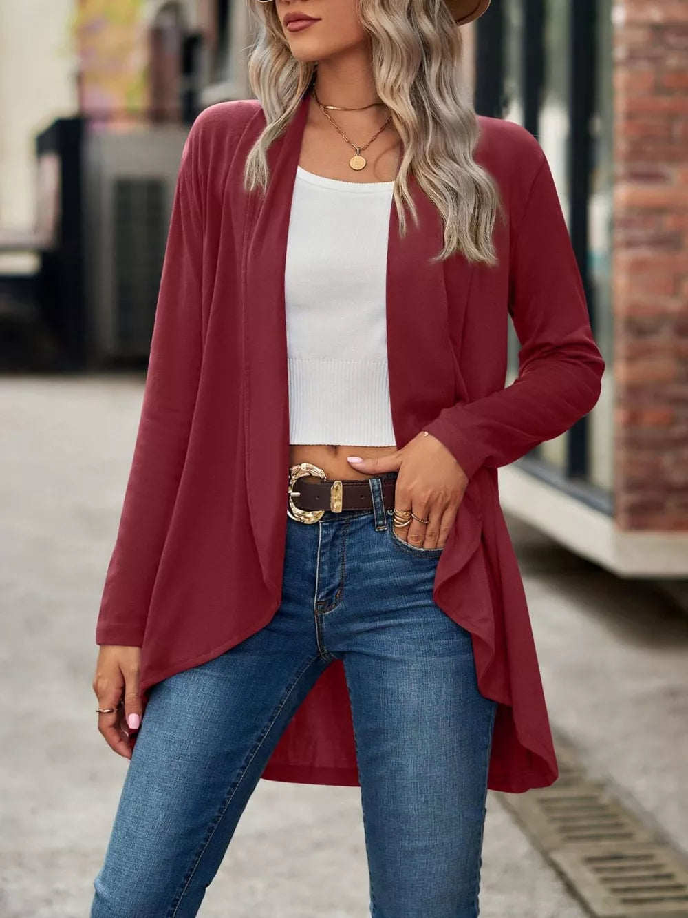 cardigan in Burgundy with dropped shoulder and hip-length
