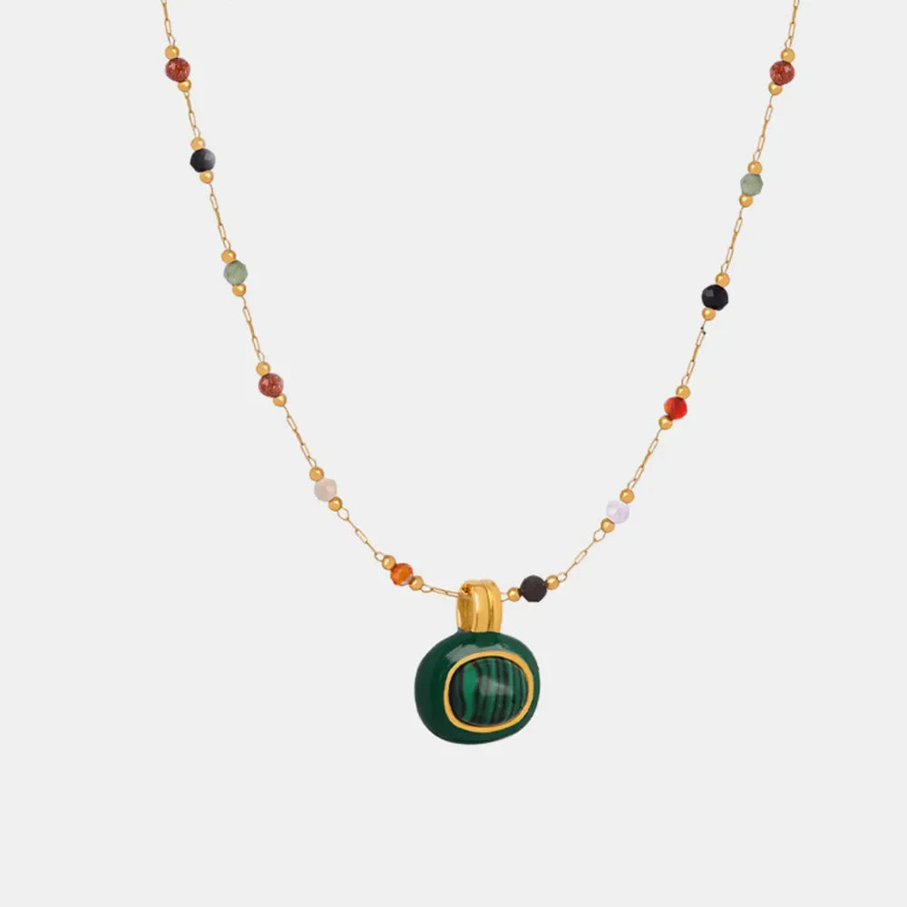 Gemstone Cascade Layered Necklace with malachite pendant and colorful beads on gold chain
