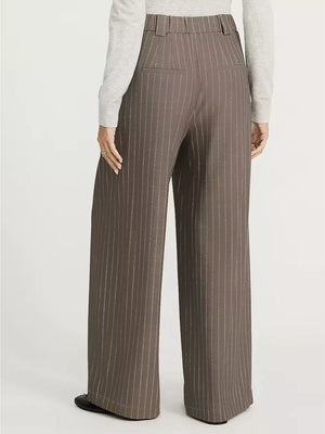 Elegant high-waisted wide-leg maternity trousers in beige with white pinstripes.