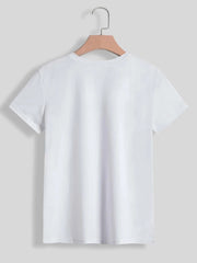 White graphic t-shirt with short sleeves and crew neck.
