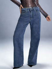Maternity wide-leg jeans in dark wash denim with a classic five-pocket design and button-zip fly.