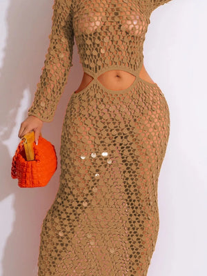 Khaki mesh cutout maxi gown with sequin details and long sleeves.