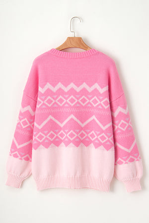 Pink acrylic knit pullover sweater with geometric pattern and colorblock detail.