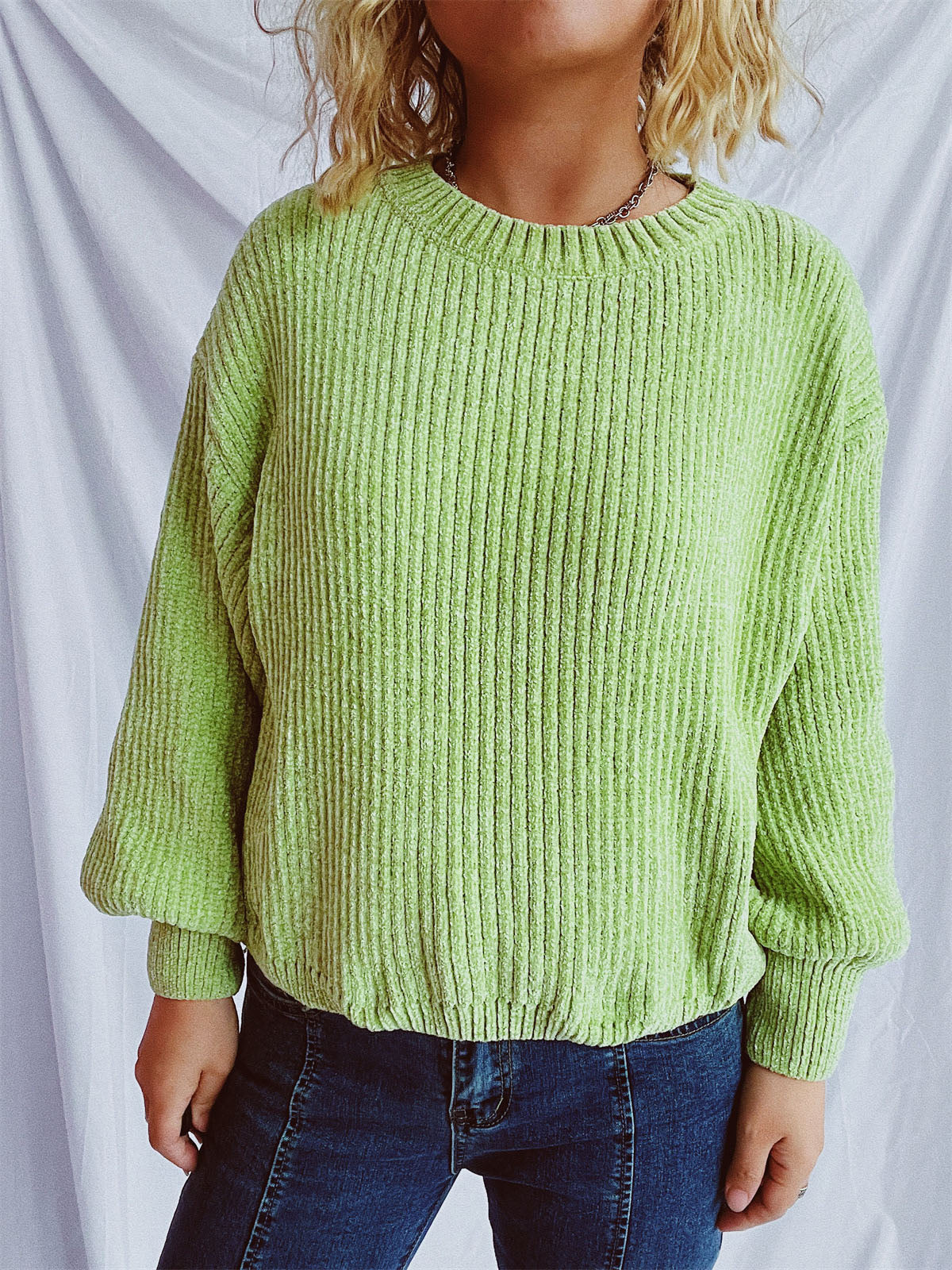 Lime textured ribbed knit relaxed crewneck pullover sweater with balloon sleeves.