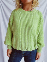 Lime textured ribbed knit relaxed crewneck pullover sweater with balloon sleeves.