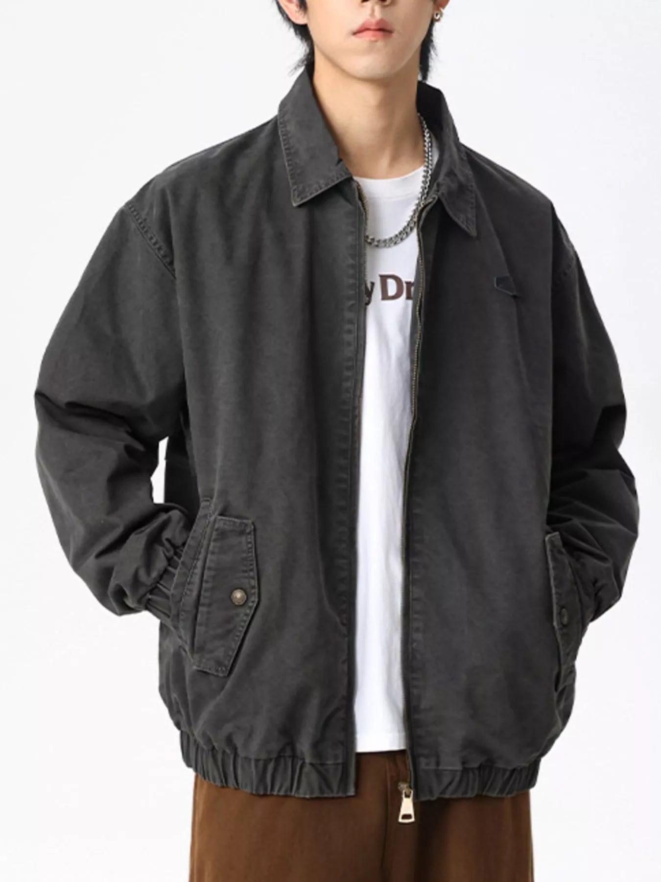 Men's dark gray casual zip jacket with elastic cuffs and hem.