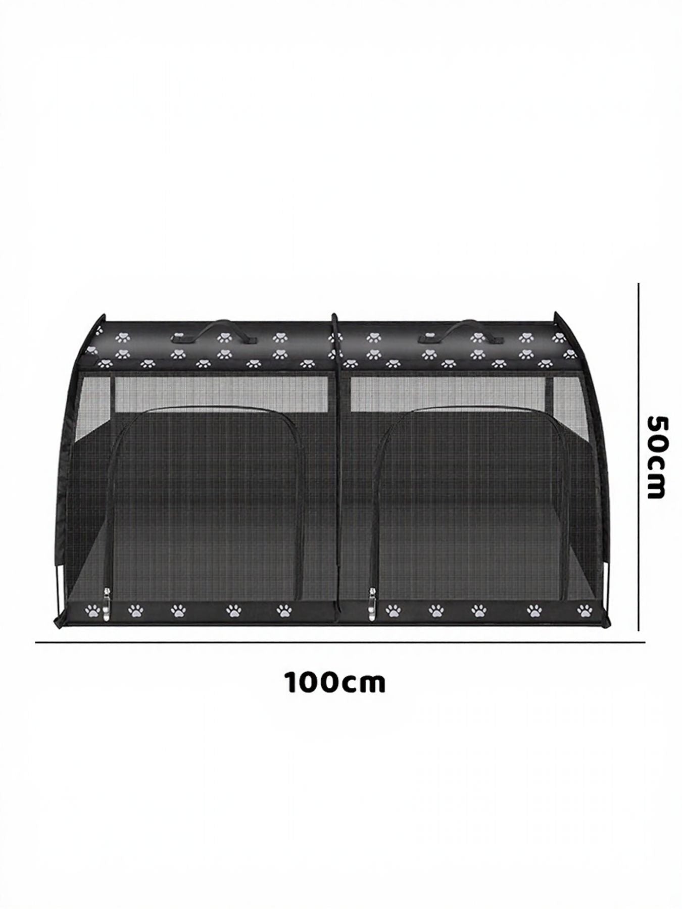 Black double pet carrier with paw print accents and mesh panels, 100cm x 50cm