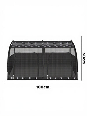 Black double pet carrier with paw print accents and mesh panels, 100cm x 50cm