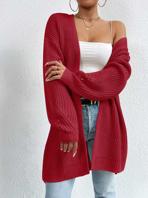 Longline knit open cardigan in Deep Red with balloon sleeves and subtle eyelet details.
