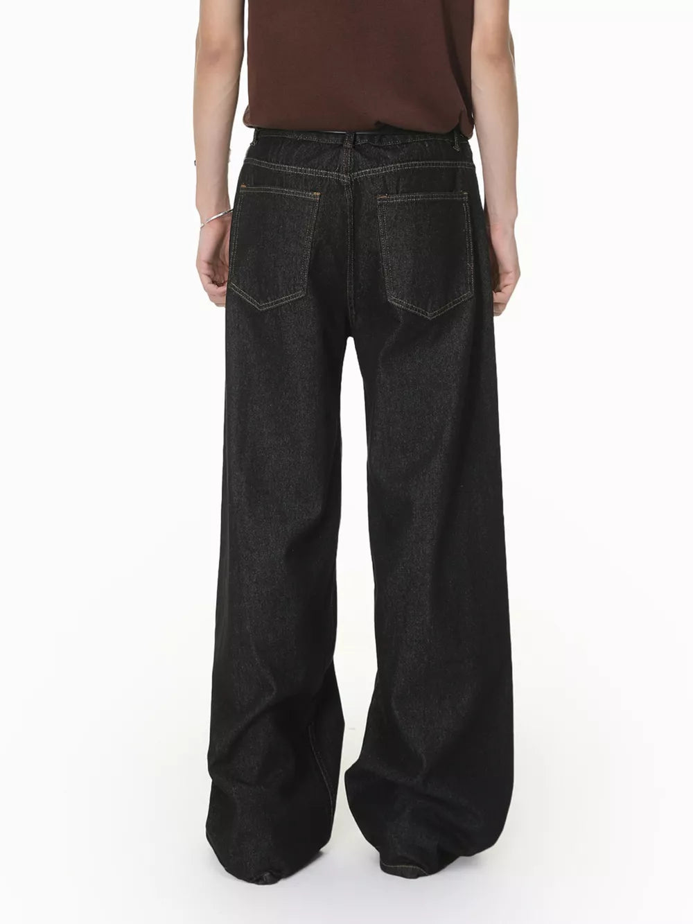 Men's relaxed fit dark wash denim jeans with button fly and wide leg