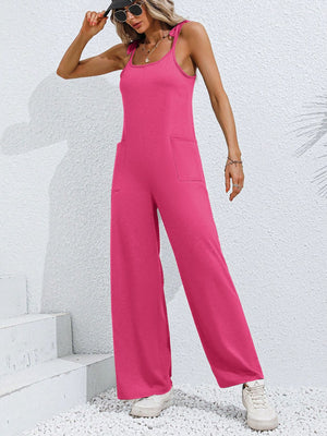 Hot Pink tie-strap wide leg jumpsuit with square neckline and patch pockets.