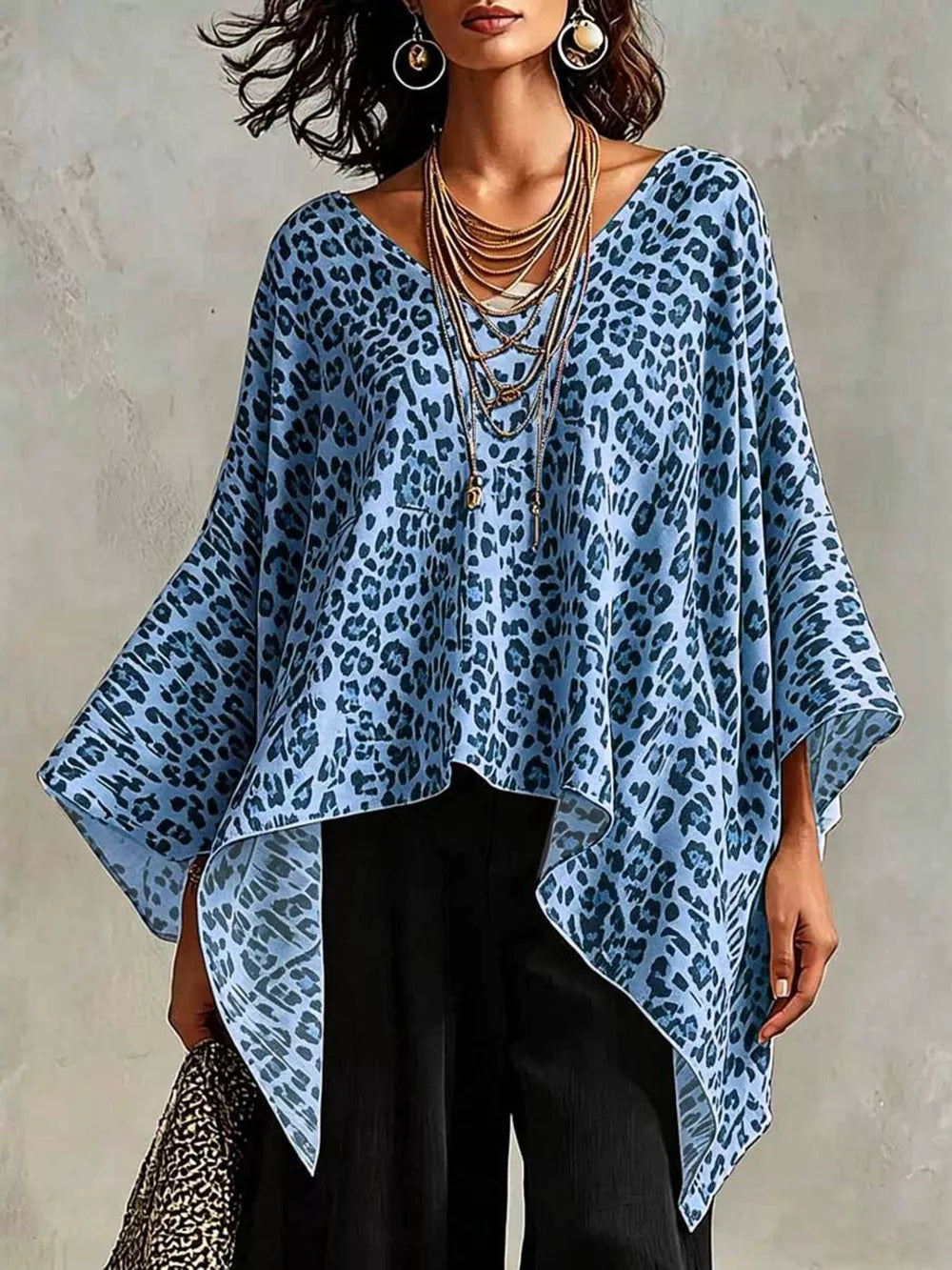 Full Size Leopard Print Asymmetrical Hem Top in Yellow, close-up detail