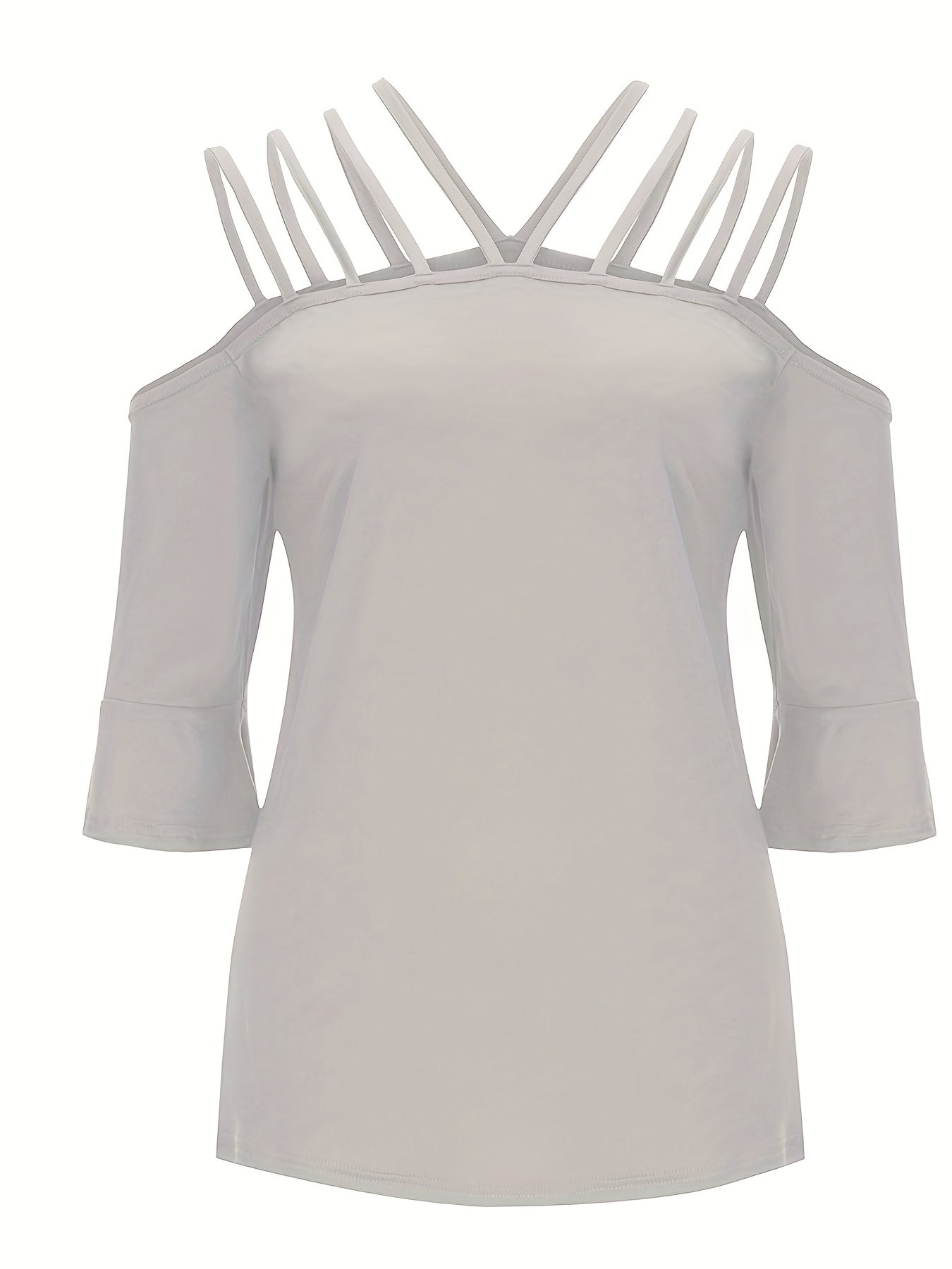 Light gray blouson top with strappy cold shoulder and flared sleeves