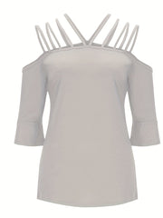 Light gray blouson top with strappy cold shoulder and flared sleeves