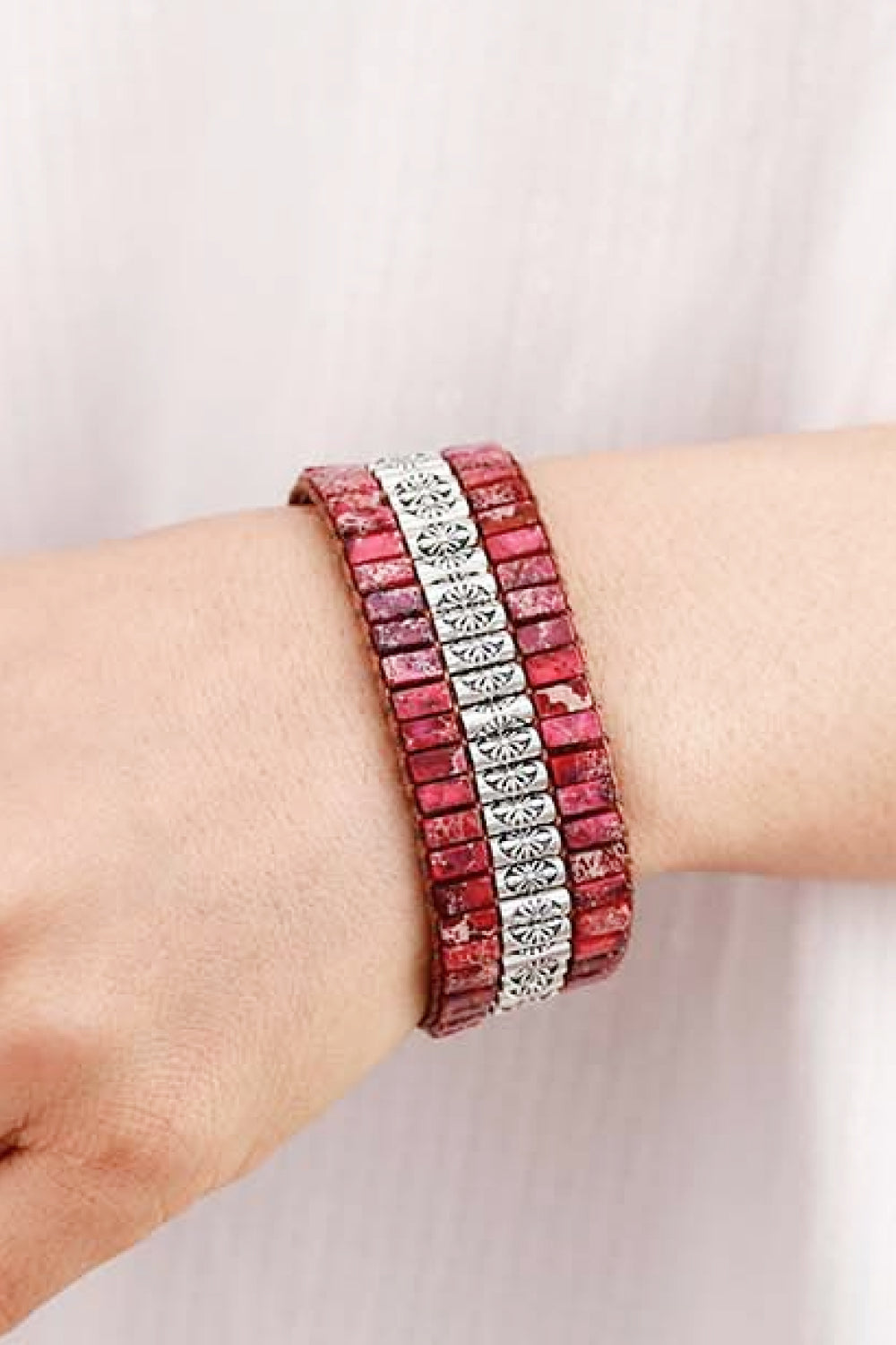 Hot Pink bracelet with turquoise tile and floral accents, boho style