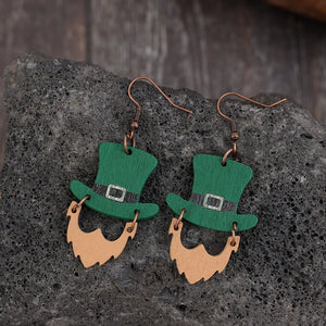 Green leprechaun hat and beard earrings with buckle detail.
