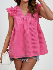 Hot Pink textured ruffle sleeve trapeze blouse with V-neck