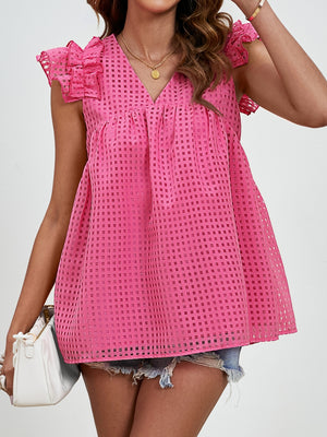 Hot Pink textured ruffle sleeve trapeze blouse with V-neck