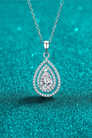 Silver double halo moissanite teardrop necklace on a sterling silver chain.