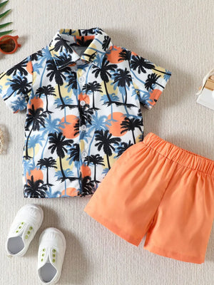Baby boys' tropical palm tree print shirt and tangerine shorts set.