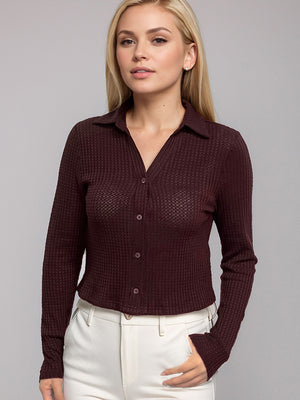 Textured knit button-down shirt in dark brown with a collared neckline and long sleeves.