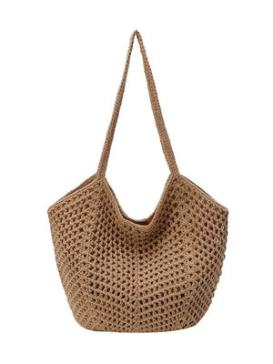 Chevron woven straw shoulder bag in Khakis with braided straps.