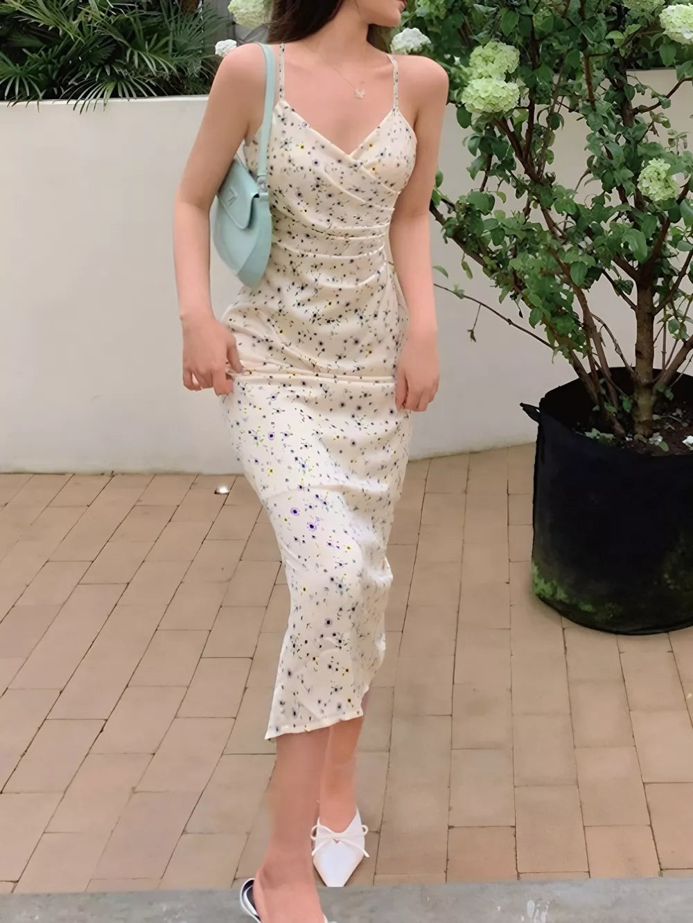 Floral ruched midi dress with spaghetti straps in beige with delicate print.