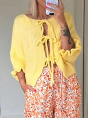 Tie-front Cropped Cardigan in Yellow, fabric detail