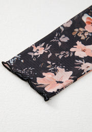Black sheer floral mock neck top with lettuce edge sleeves